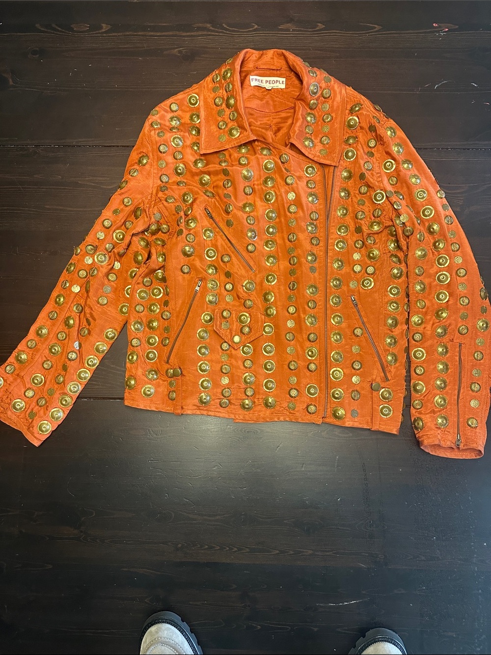 Free People Orange Leather Studded Moto-Style Jacket